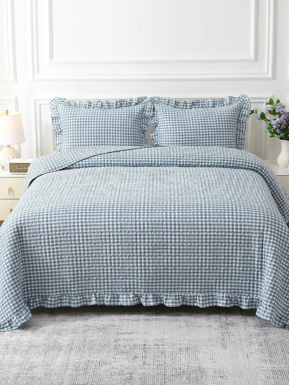 Dust Blue White Gingham Quited Bedspread Bedding Set Queen